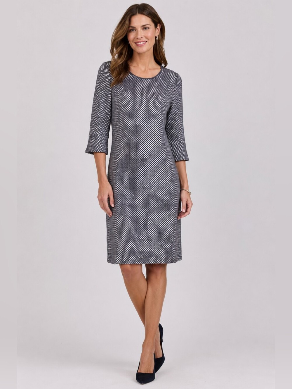 Olsen Europe Women's Geometric Textured Knit Shift Dress Grey White 8